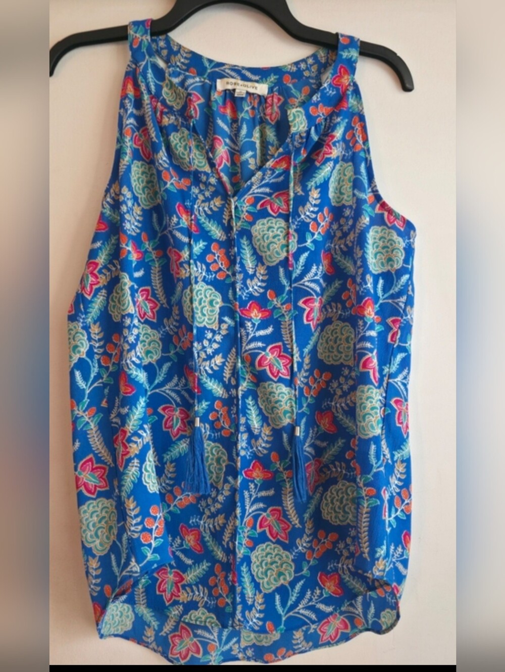 Rose & Olive Blue Floral Short-Sleeve Blouse with Orange and Pink Accents